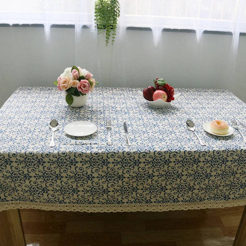 Axya Retro Blue & White Porcelain Pattern Tablecloth - Chinese Classical Cotton Linen