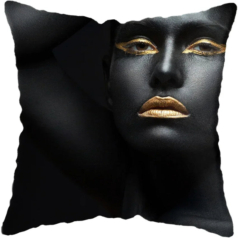 Axyaa Black Gold African Lady Woman Art Deco Pillowcase