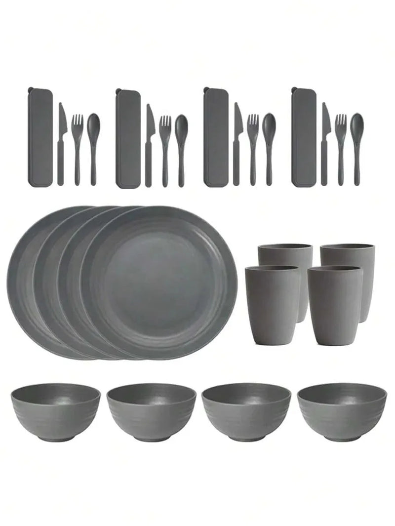 Axyaa 28pcs Plastic Tableware Set: Plate, Bowl, Cup, Cutlery - Reusable for Home, Hotel, Party
