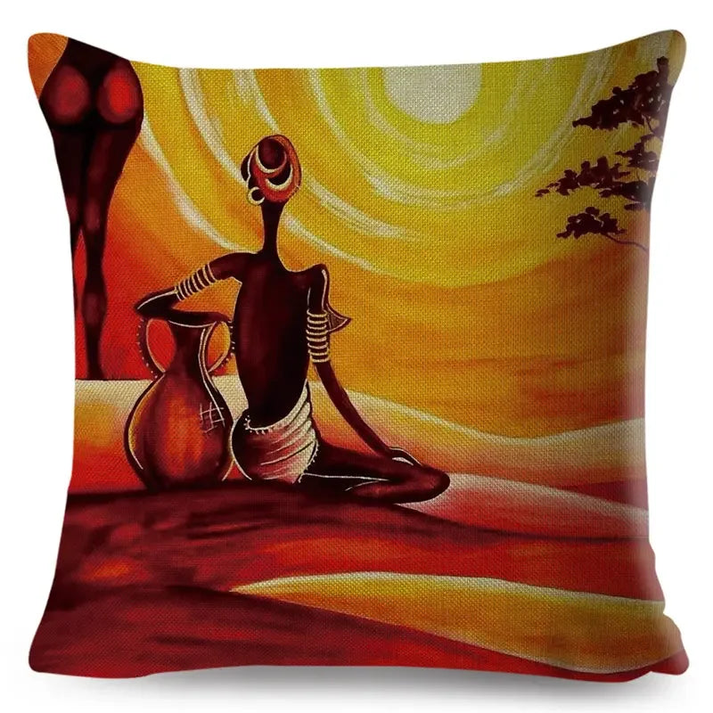 Axyaa Abstract African Woman Decorative Cotton Linen Cushion Cover