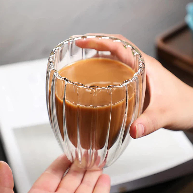 Axya Striped Double Wall Glass Mug for Coffee Tea Espresso Wine.