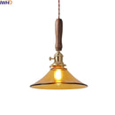 Axyaa Amber Glass LED Pendant Light with Walnut Handle for Modern Décor.