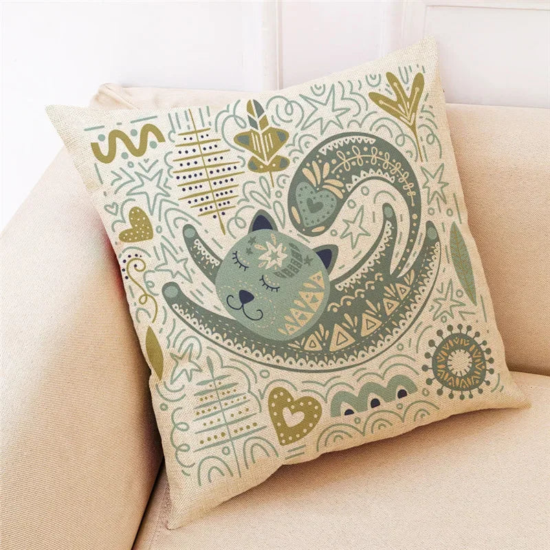 Axyaa Cartoon Cat Linen Pillowcase - Modern Home Decor, Kids Room Pillow Cover