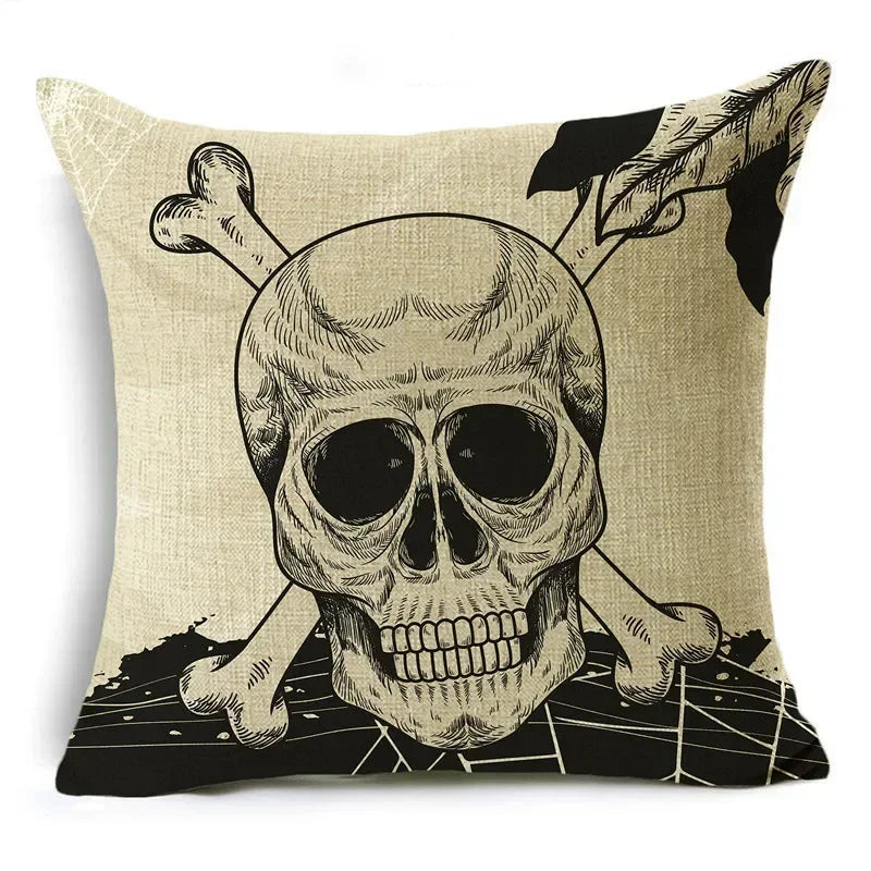 Axyaa Skull Pumpkin Printed Linen Throw Pillowcase for Living Room Party