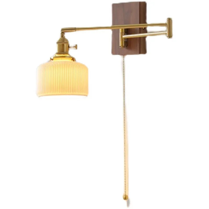 Axyaa Walnut Ceramic LED Wall Lamp with Copper Arm, Rotate, Pull Chain Switch
