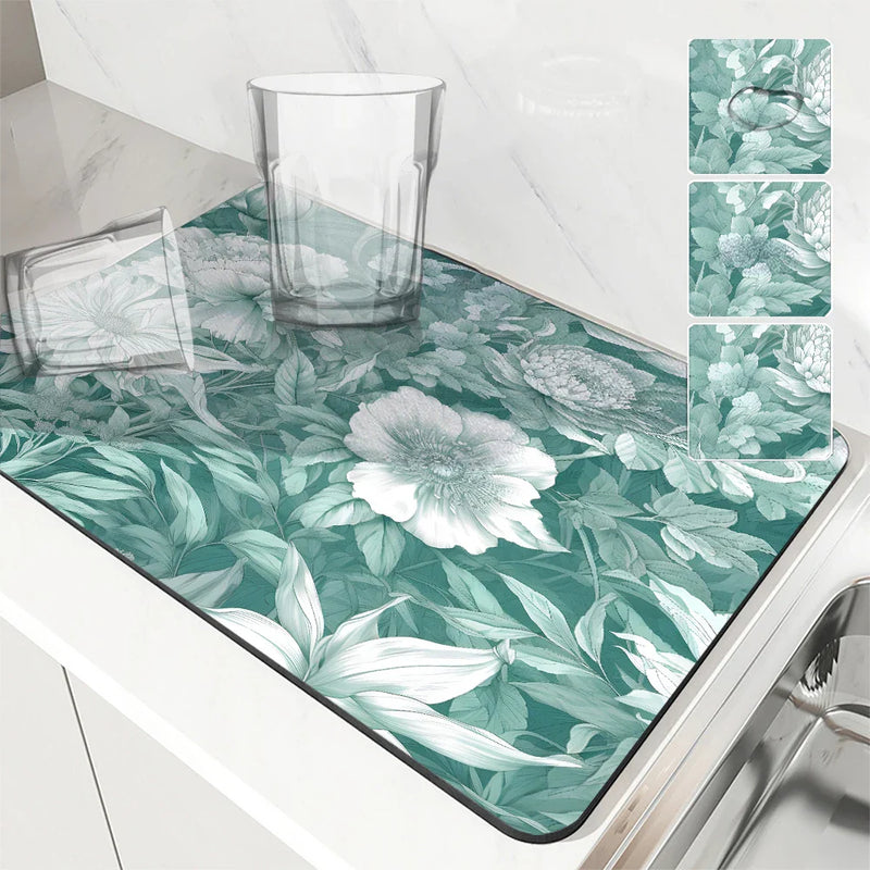 Axyaa Non-Slip Drying Mat for Kitchen Counter, Absorbent Plant Leaf Design