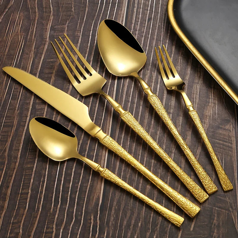 Axyaa 30-Piece Stainless Steel Tableware Set with Golden Waist Design