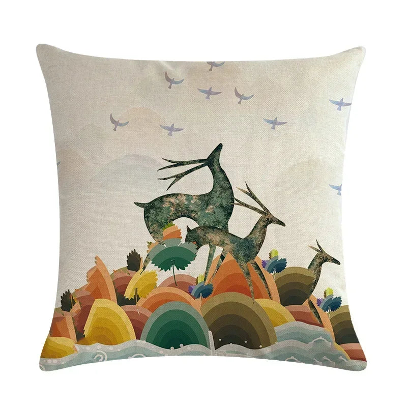 Axyaa Nordic Moose Art Linen Cushion Cover for Home Decor