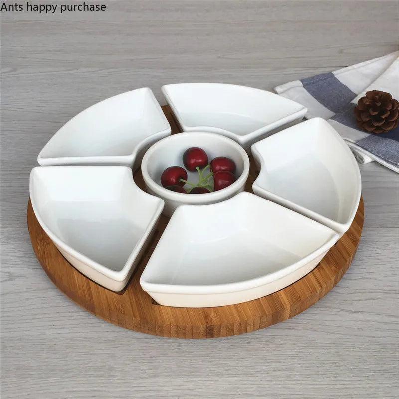 Axya Ceramic Fruit Tray with Bamboo Divider - Snack & Dessert Plate