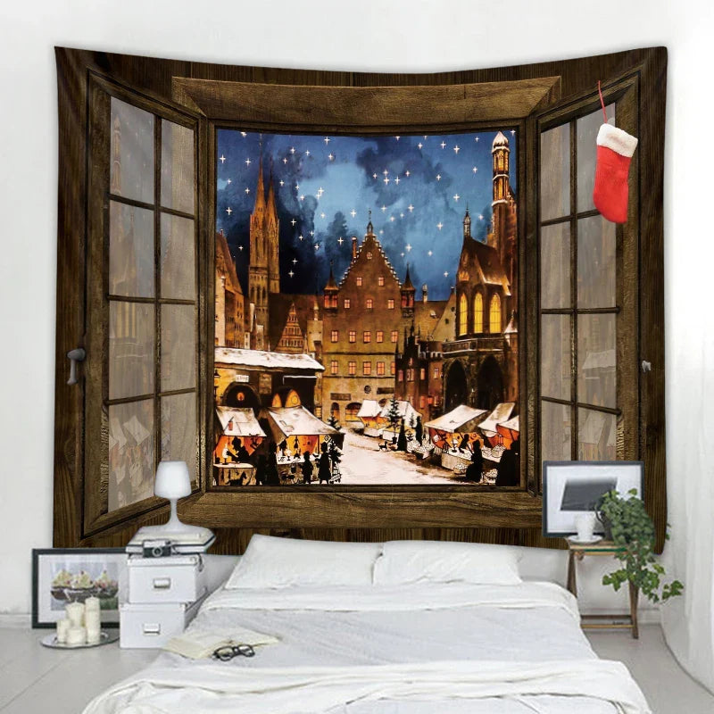 Axyaa 3D Faux Window Landscape Tapestry Wall Hanging for Bohemian Home Decor