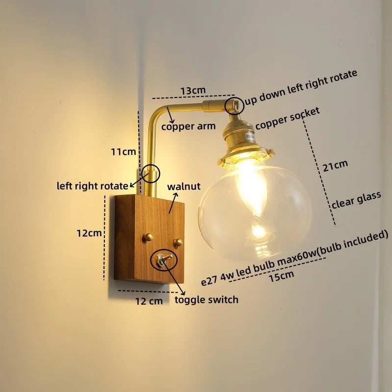 Axyaa Glass Copper LED Wall Lights Modern Bedside Lamp for Home Decor