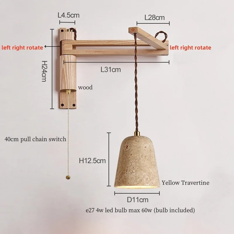 Axyaa Wood Stone LED Wall Lamp with Pull Switch, Stretching and Folding for Home Lighting