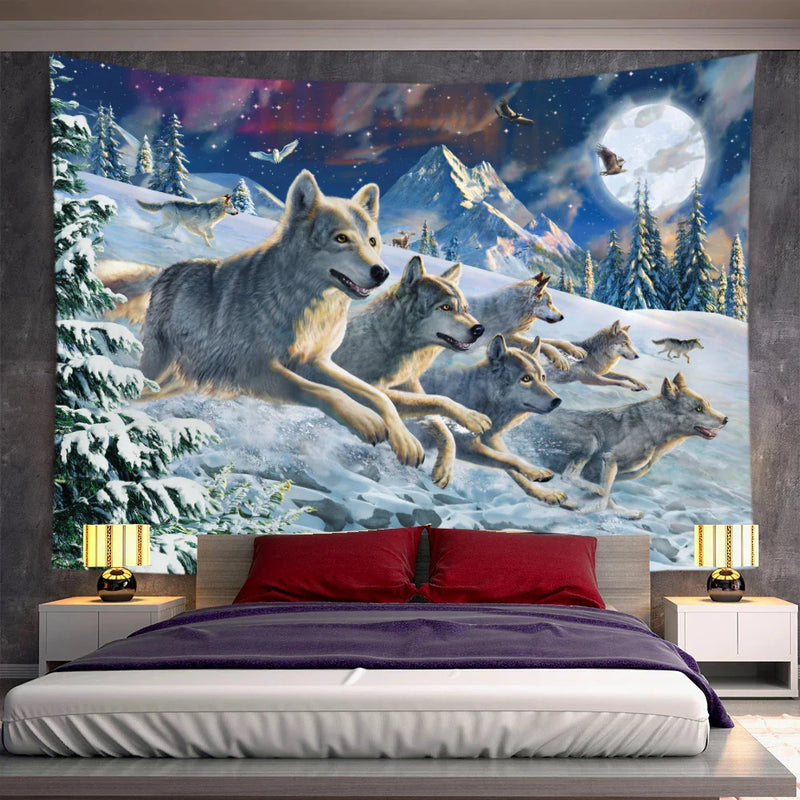Axyaa Psychedelic Moon Wolf Wall Hanging Tapestries for Home Decor