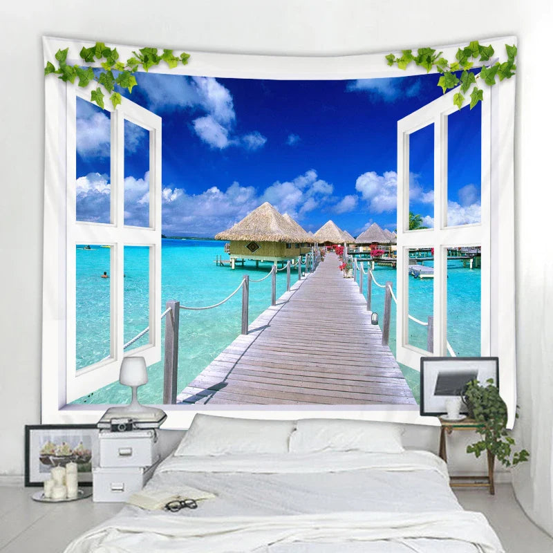 Axyaa 3D Faux Window Landscape Tapestry Wall Hanging for Bohemian Home Decor