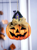 Halloween Pumpkin Ghost Hanging Ornament with Haunted House, Burlap Bow Design