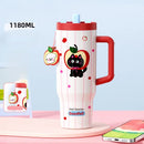 Axyaa Cartoon Cute Thermal Water Bottle Insulated Ceramic Cup with Handle & Double Straw