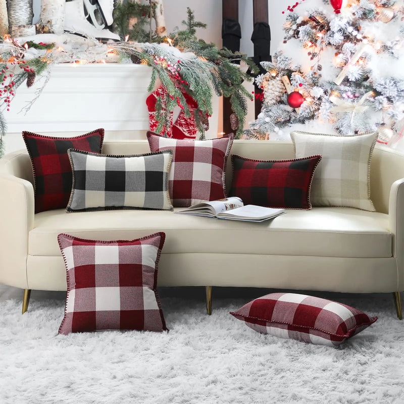 Axyaa Plush Check Throw Pillow Covers Set of 2 Cream White