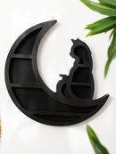 Axyaa Cat On Moon Crystal Shelf: Black Stone Display for Home Decor, Art, Plants