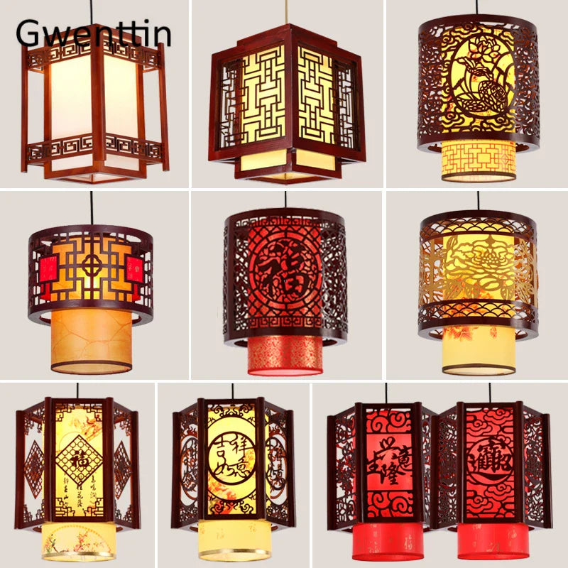 Axyaa Antique Wood Pendant Lights: Chinese Style LED Dining Room Hanging Lamp Luminaire