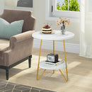 Axyaa Faux Marble 2 Tier Round End Table with Shelves White and Gold