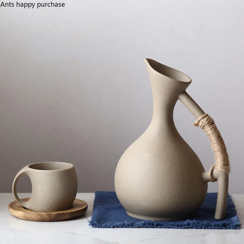 Axya Ceramic Drinkware Set with Wooden Saucer for Cold Kettle Juice and Coffee