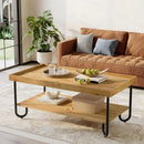 Axyaa Solid Wood Coffee Table, 2-Tier Rectangular Center Table with Metal Legs