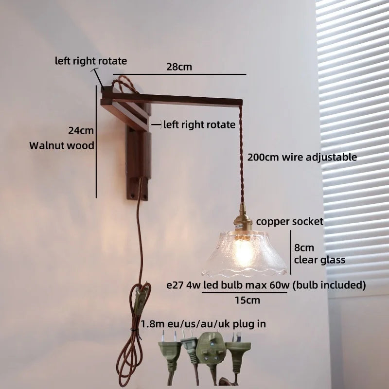 Axyaa Clear Glass LED Wall Sconce with Arm, Black Walnut Wood Stair Light