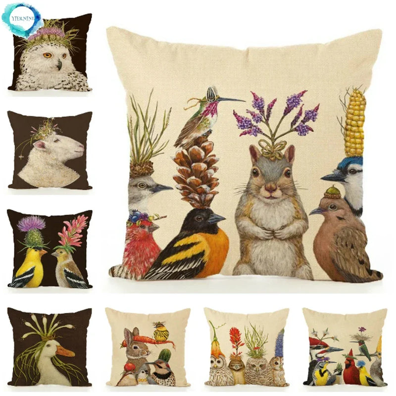 Squirrel Bird Bear Fox Animal Printed Cotton Linen Pillowcase by Axyaa