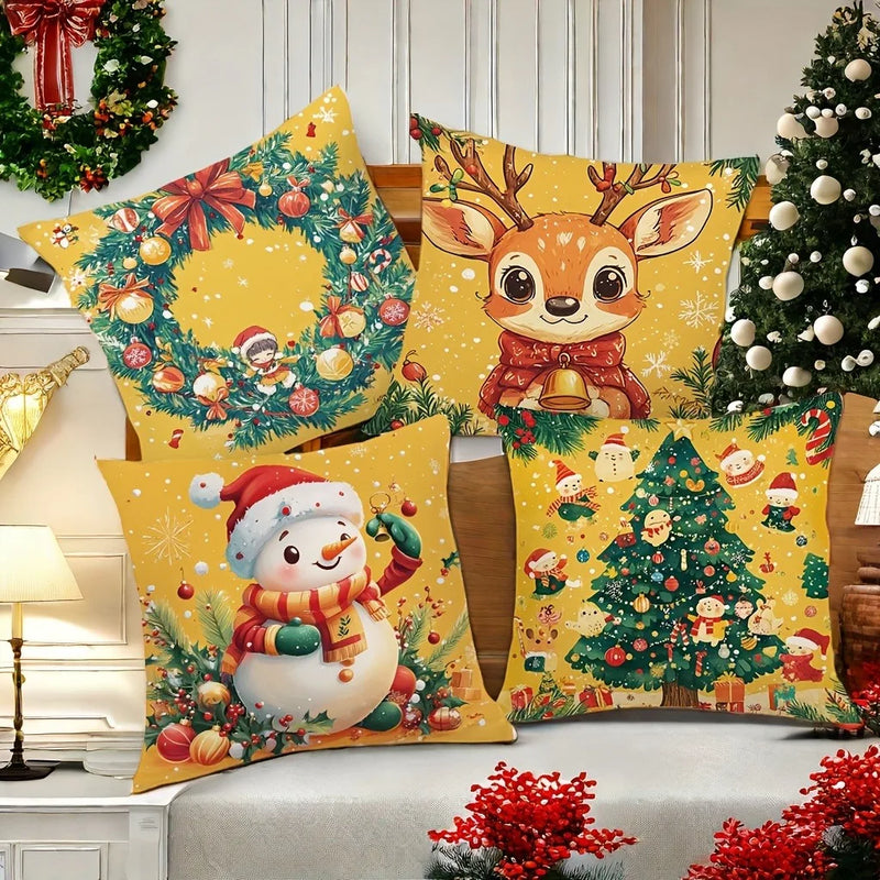 Axyaa Christmas Pillowcase Set: Snowman, Fawn, Garland, Christmas Tree Print
