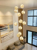 Axyaa Minimalist LED Glass Chandelier, Round Ball Gold Hanging Lights for Staircases