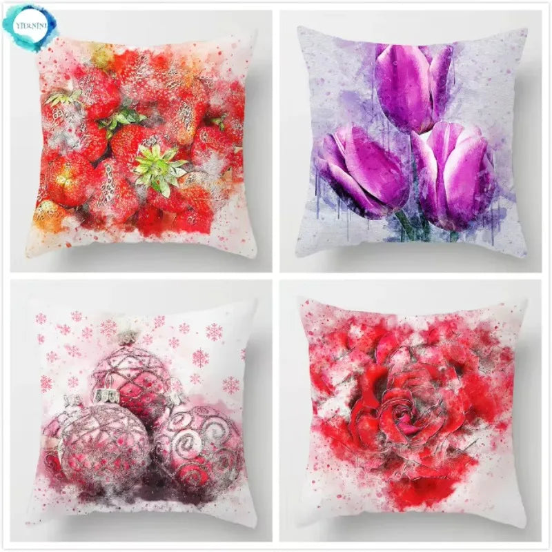 Axyaa Strawberry Plant Flower Cushion Cover for Room Decoration