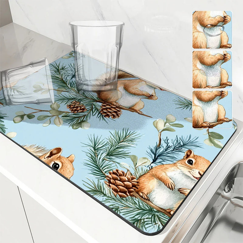 Axyaa Christmas Squirrel Kitchen Dish Mat - Absorbent Anti-slip Drying Pad