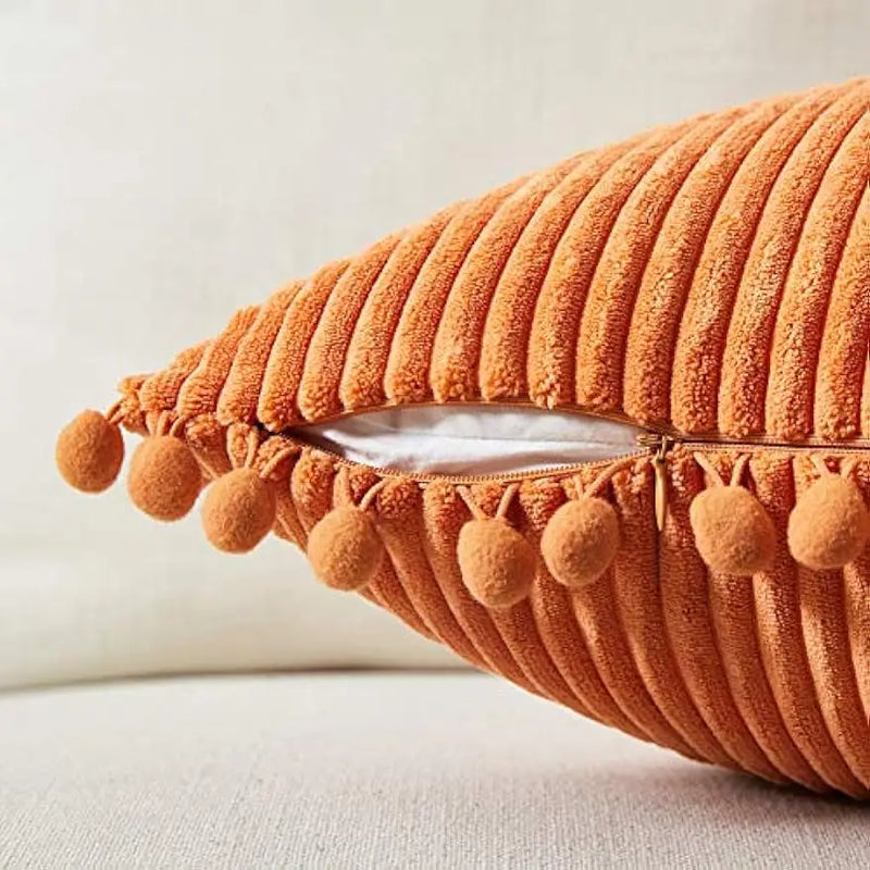 Axyaa Velvet Pillow Covers with Pom-poms - Orange Fall Decor for Sofa