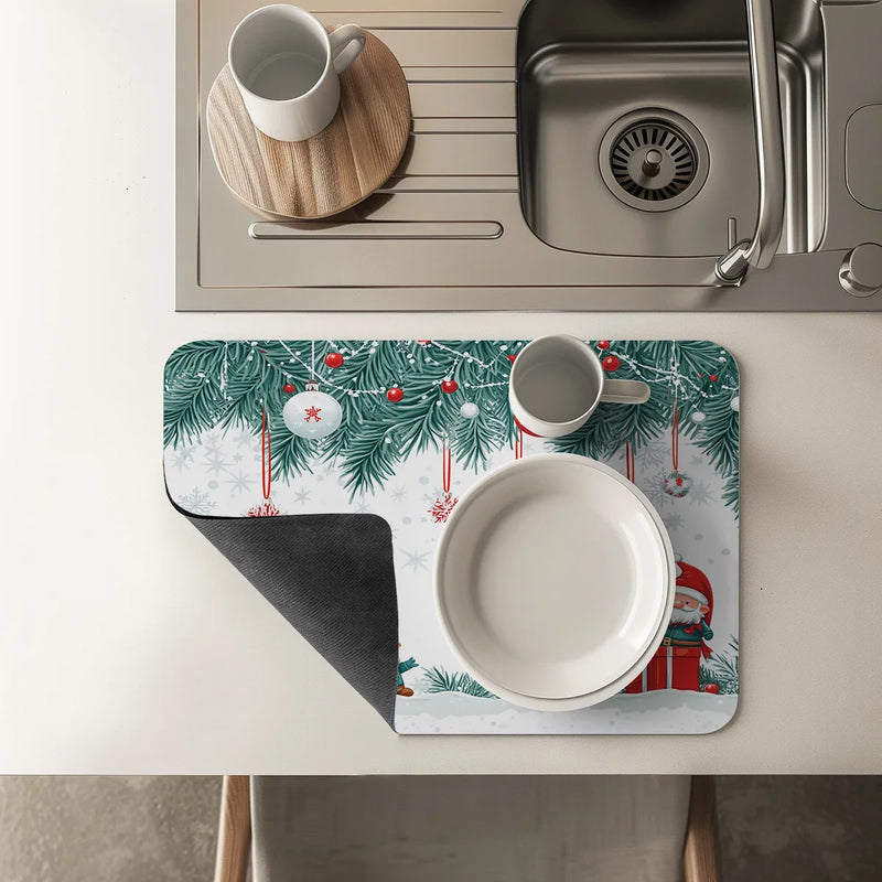 Axyaa Christmas Watercolor Absorbent Dish Drying Mat with Rubber Backing