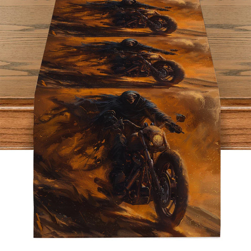 Axyaa Halloween Skull Motorcycle Table Runner Farmhouse Dining Decor Washable Long Cloth