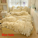 Axyaa Cream Lace Girl Powder Grid Korean Version Double-Layer Yarn 4-Piece Bed Set