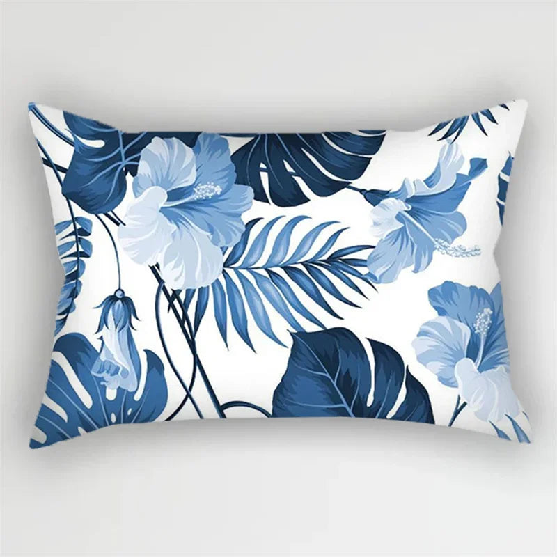 Bohemian Blue Flower Pillowcase with Vintage Ink Plant Leaf Design, by Axyaa