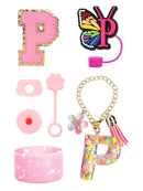 Axyaa Cup Set: Initials Silicone Straw Cap Boot Handle Sticker Charm