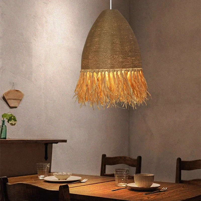 Rattan Woven Pendant Light Chandelier for Retro Dining Room, Axyaa Wabi Sabi Style
