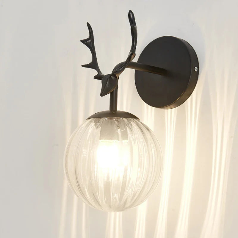 Retro Antlers Glass Ball Wall Lamp for Background Corridor with LED Lighting Night Light