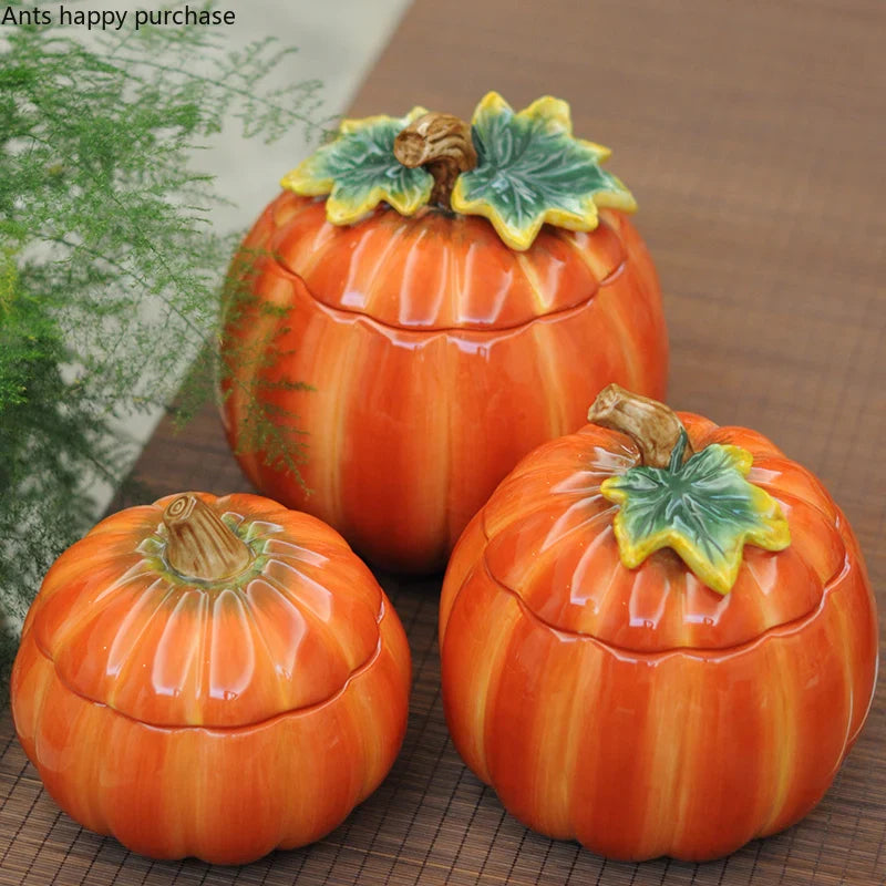 Axya Hand-Painted Pumpkin Storage Jar with Cover - Decorative Food Storage Box