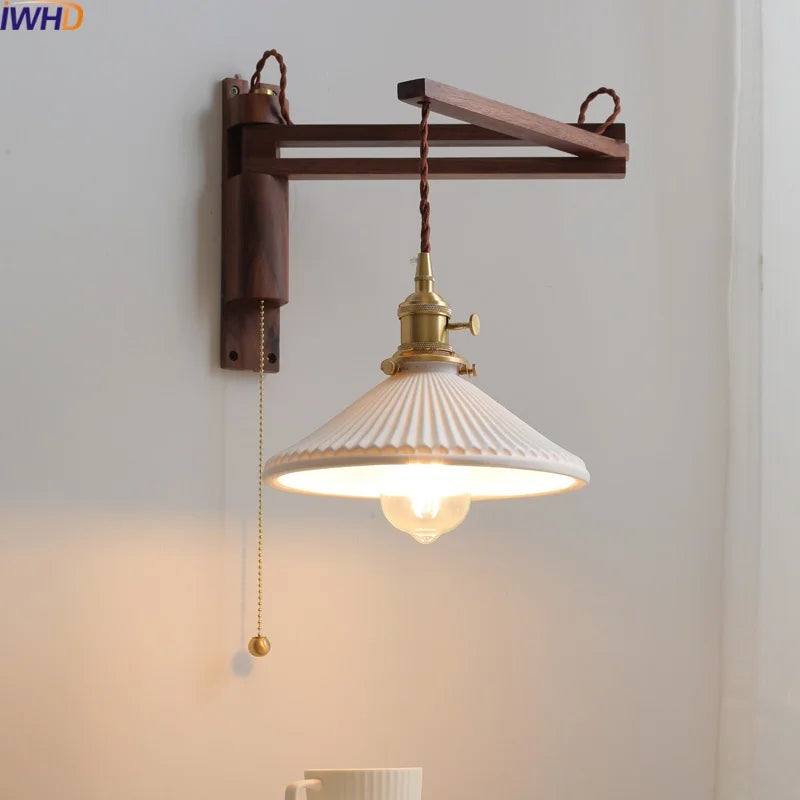 Axyaa Ceramic Copper LED Wall Lights Pull Chain Switch Nordic Bedside Lamp