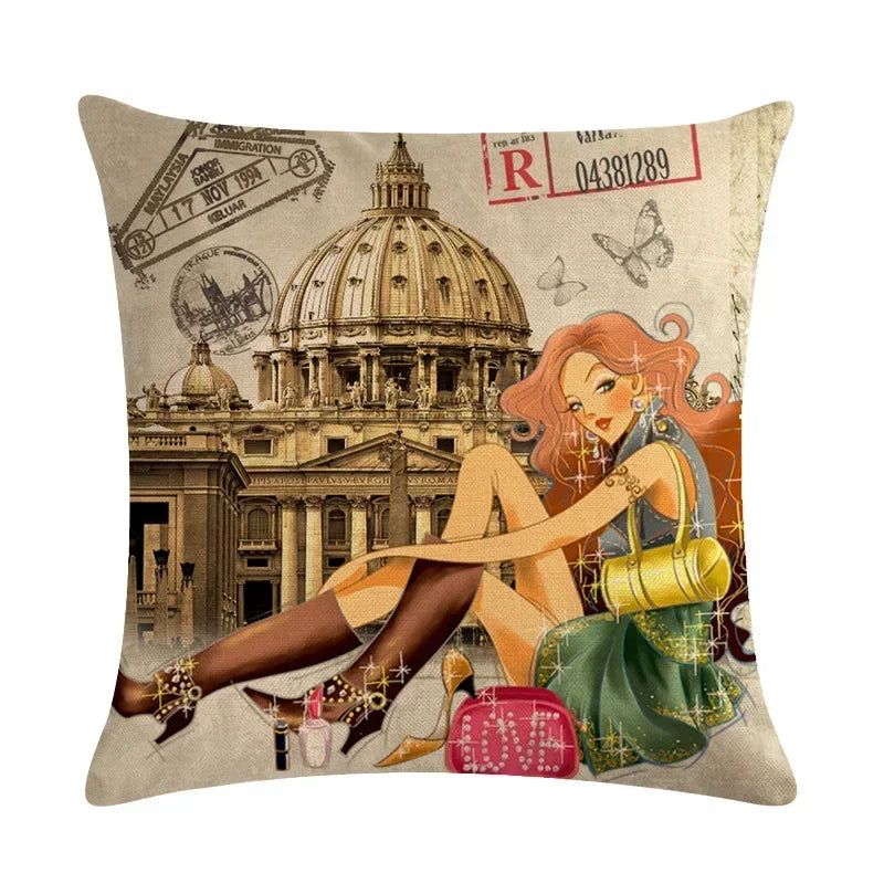 Axyaa Retro Bike Woman Linen Pillowcase 45*45cm Decorative Sofa Cushion Cover