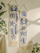 Coastal Tapestry with Crab, Starfish & Surfboard Prints for Boho Home Decor by Axyaa