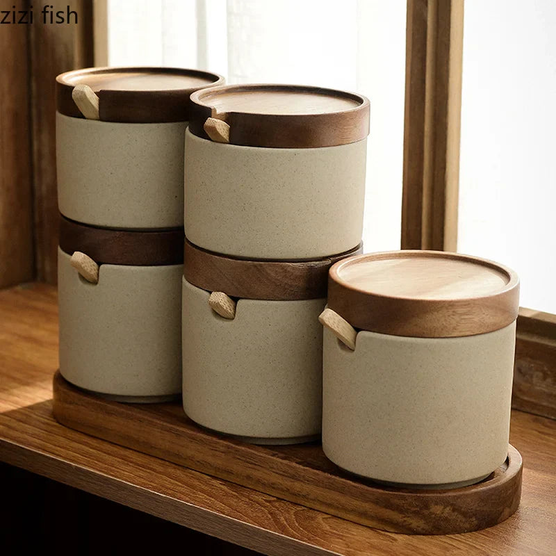 Axya Ceramic Spice Jar Set with Wooden Cover for Kitchen Seasoning