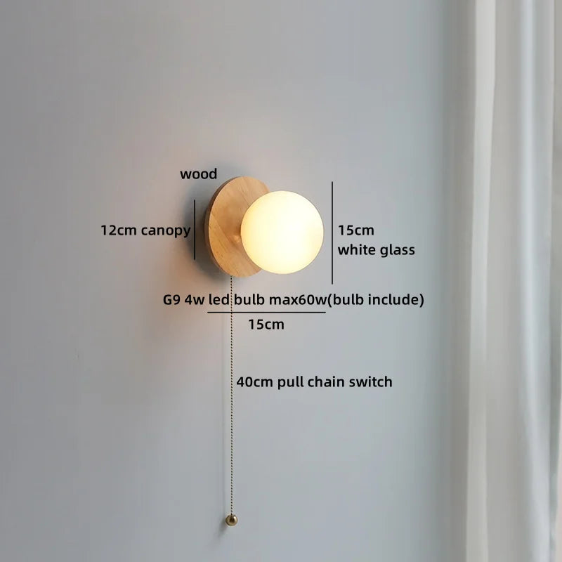 Axyaa Nordic LED Walnut Wood Glass Ball Wall Sconce with Pull Chain Switch