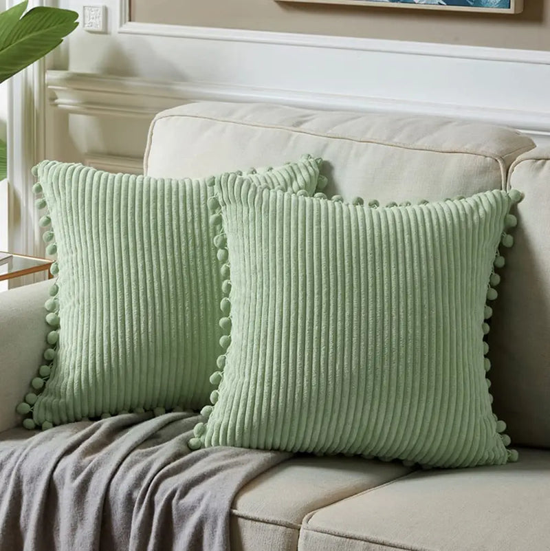 Axyaa Velvet Pillow Covers with Pom-poms - Orange Fall Decor for Sofa