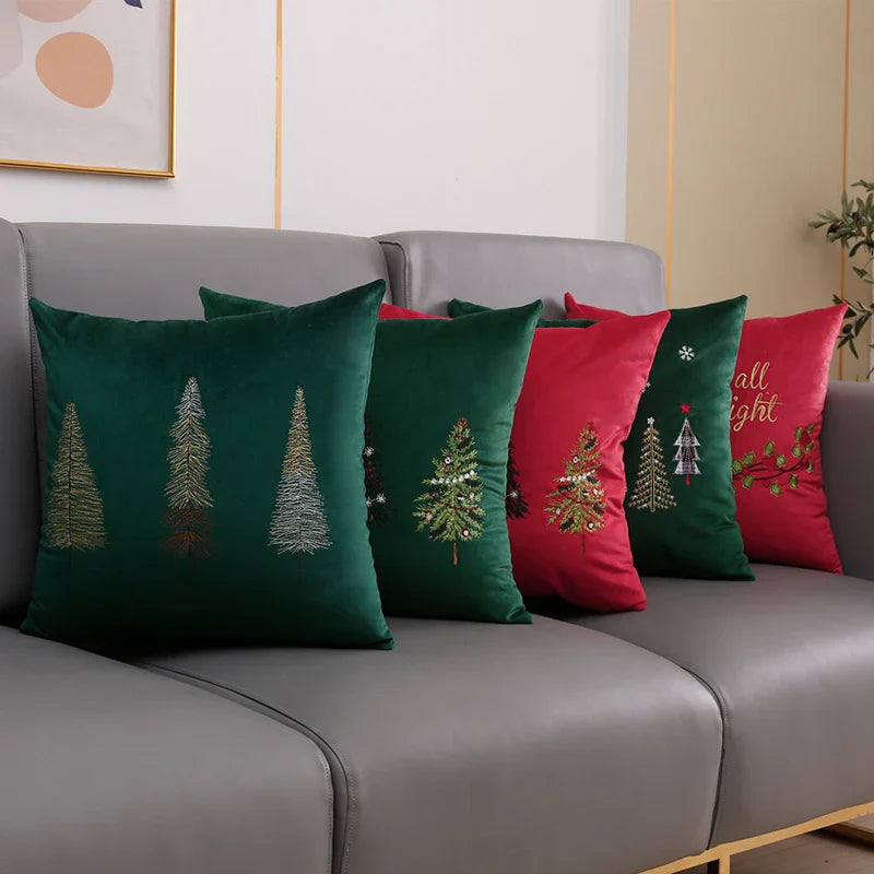 Axyaa Christmas Tree Snowflake Embroidery Pillow Cover 45x45cm 30x50cm Red Green Square