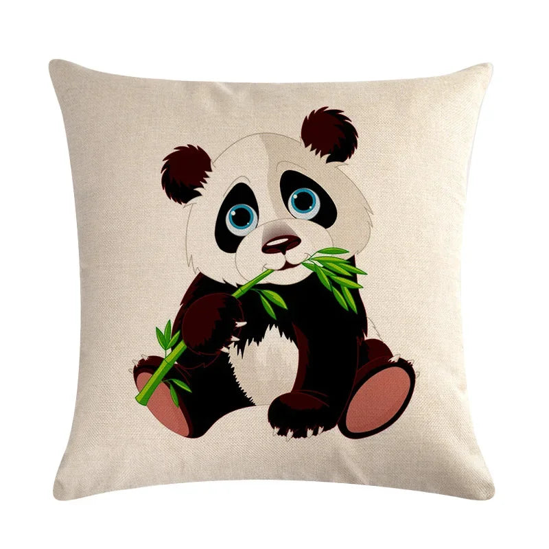 Axyaa Cartoon Panda Print Linen Pillowcase 45x45cm Square Home Sofa Decoration Cover