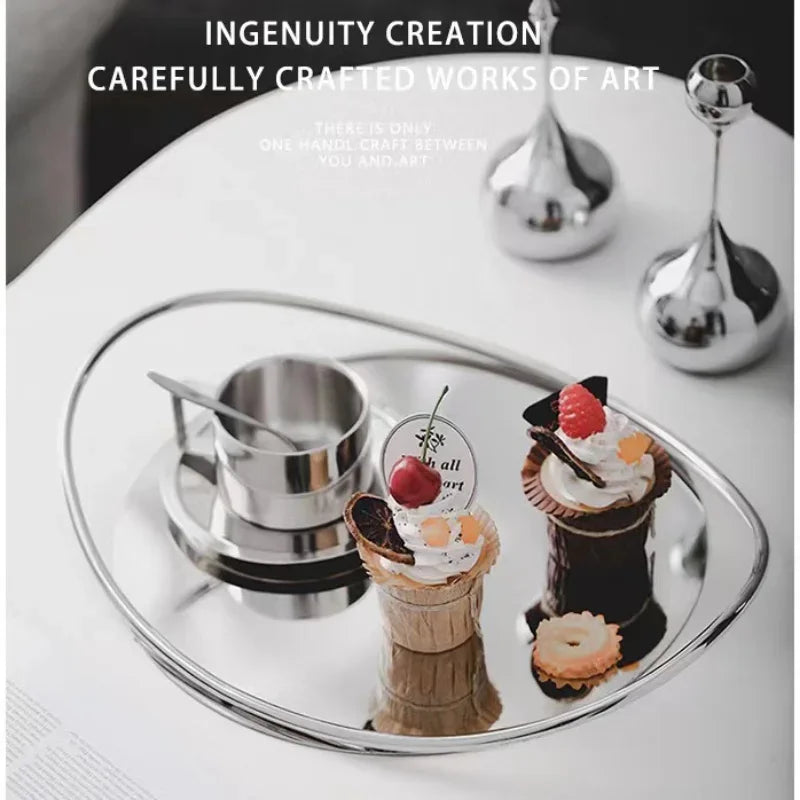 Axya Oval Stainless Steel Tray with Handle, Aromatherapy Mirror Cosmetic Storage